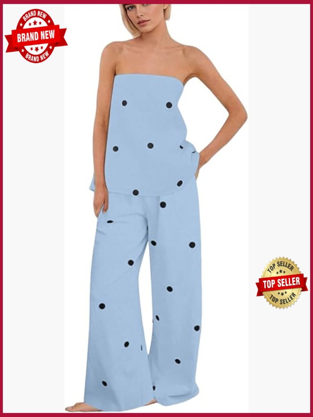 Polka Dot 2 Piece Outfit Strapless Bandeau Top Wide Leg Pants Summer Set